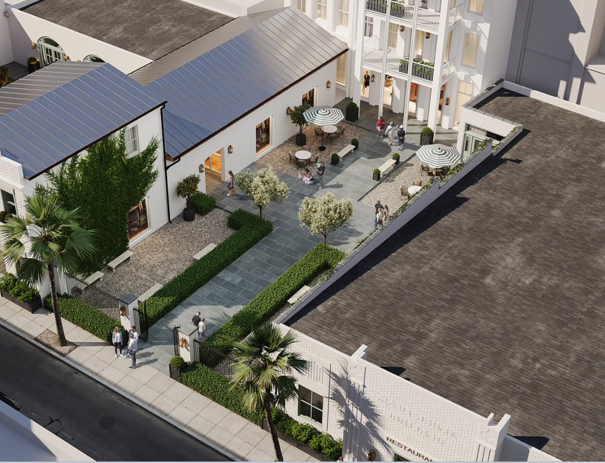 Aerial rendering of the property from above Linguard Street, showing the gated entry, the landscaped courtyard, and the building at the back of the lot.
