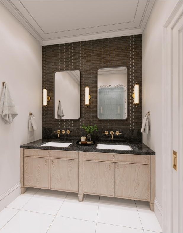 Rendering of a bathroom with a double vanity, dark tile wall, two mirrors, and brass fixtures.