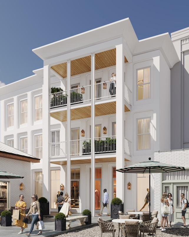 Rendering of the courtyard side of the building, with a two-story columned porch, balconies, and a café terrace below.