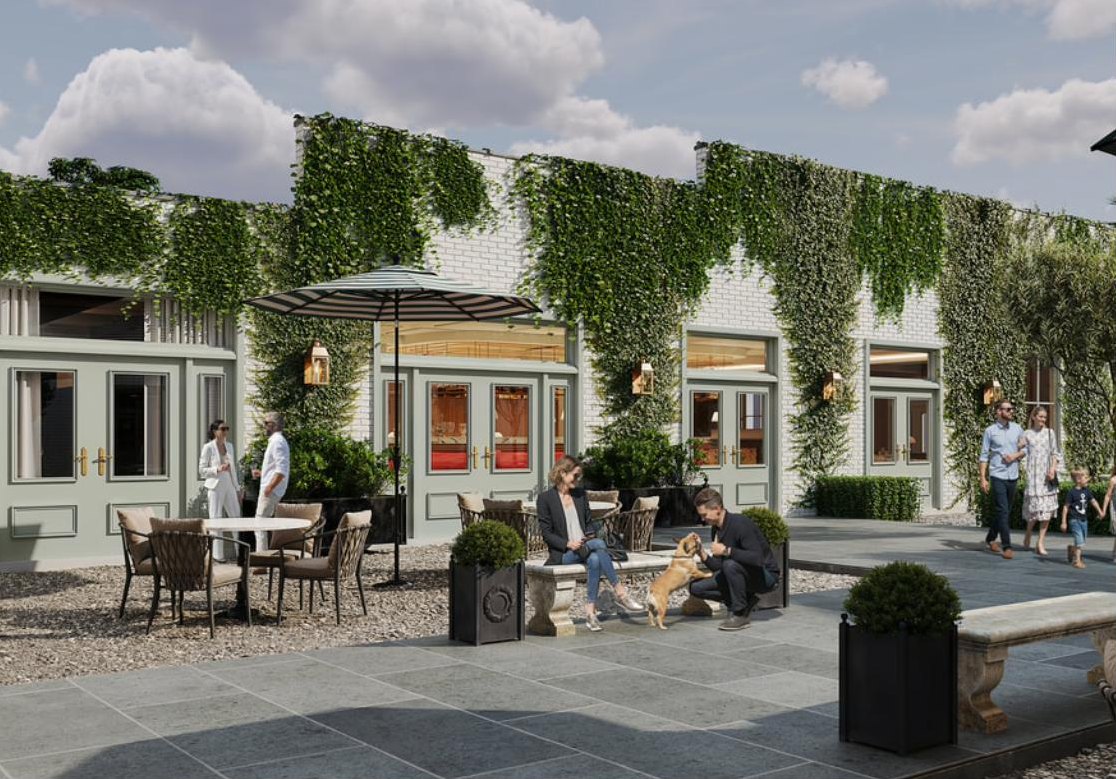 Rendering of the courtyard with outdoor tables and seating, benches, planters, and ivy-covered walls.