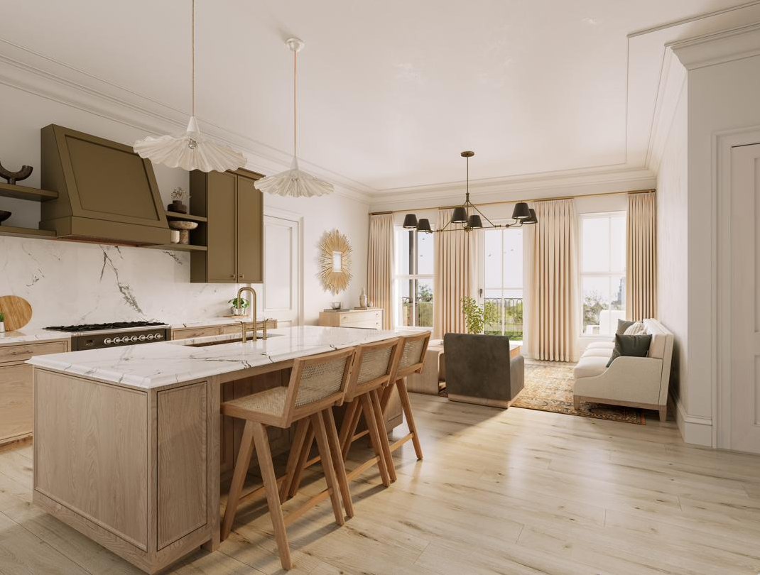 Rendering of an open kitchen with a marble-topped island and rattan stools, flowing into a living room with tall windows.