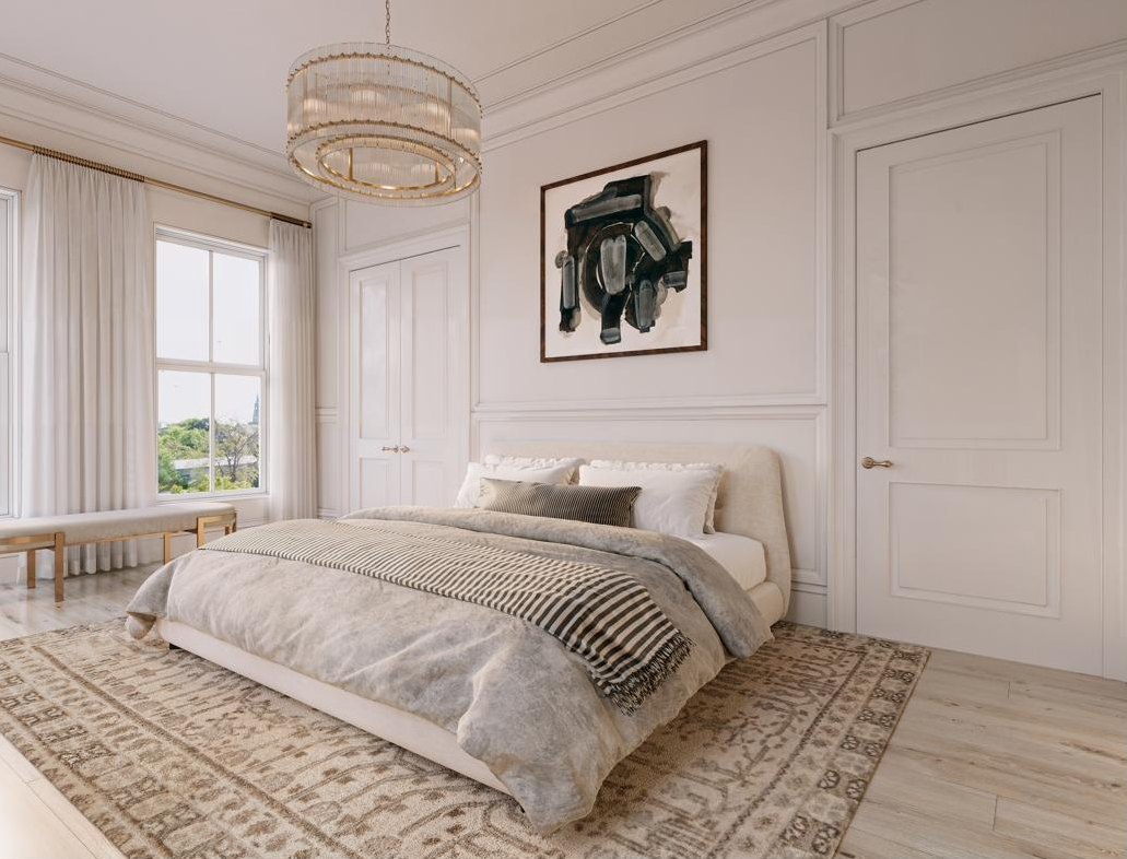 Rendering of a bedroom with high ceilings, paneled walls, a tall window, and an upholstered bed.